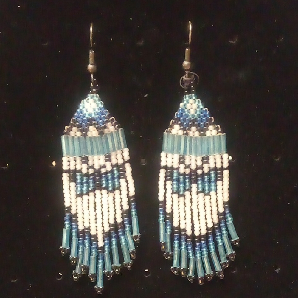 NEW -- Bespoke Blue & White Beaded Dangle Earrings
